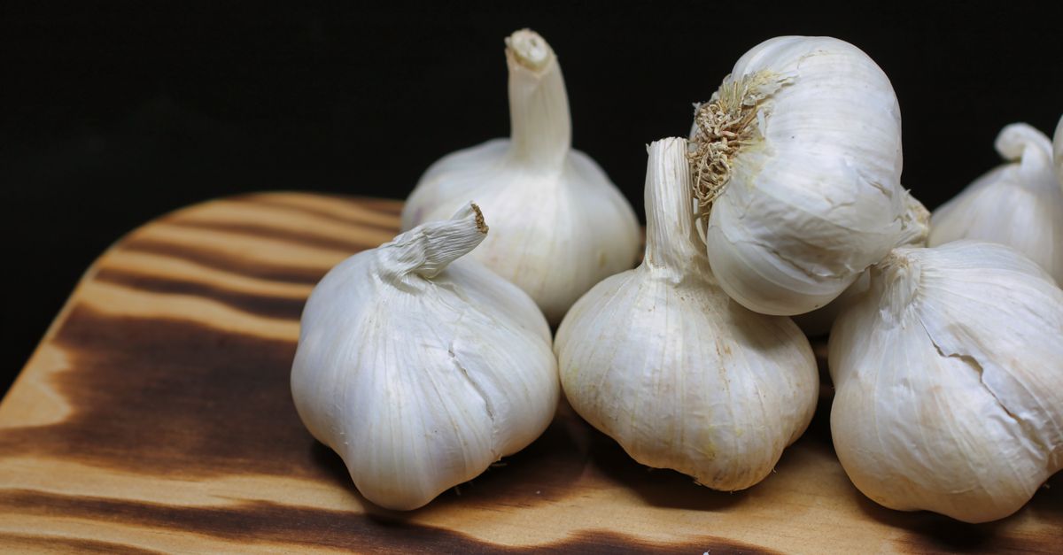 Bulbi di aglio bianco interi appoggiati su un tagliere di legno con sfondo scuro.