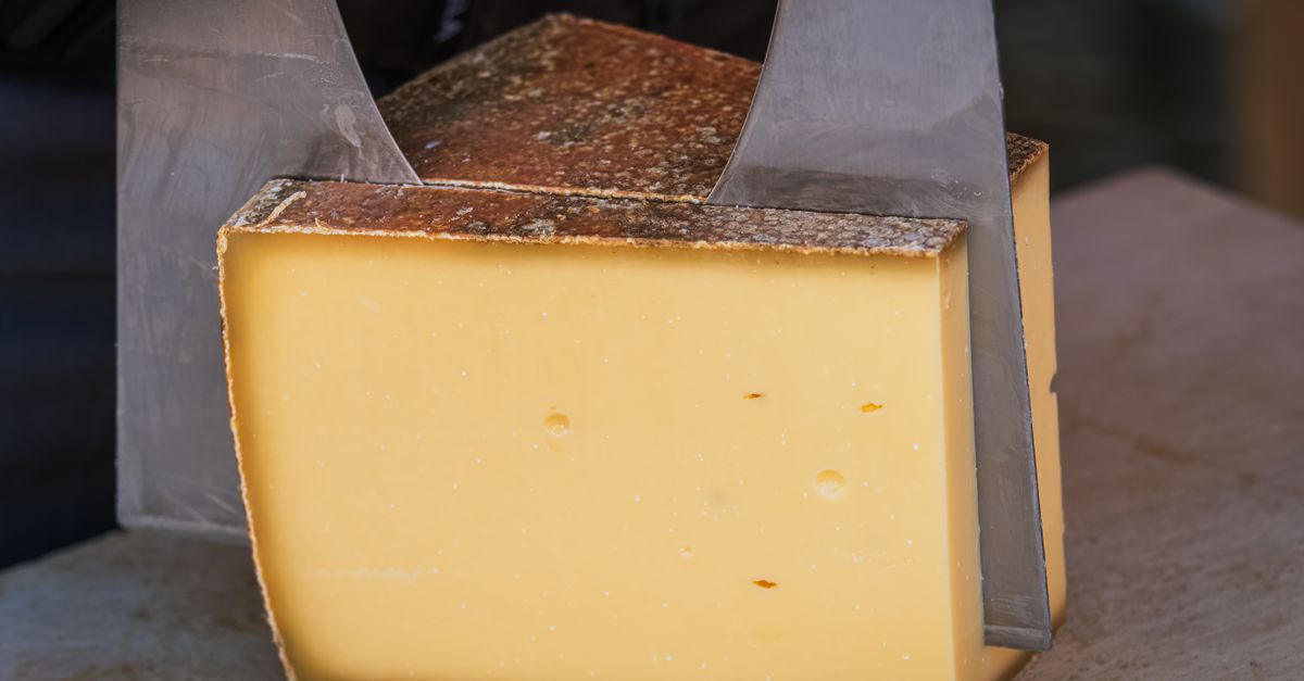 Un blocco di formaggio con la crosta marrone tagliata da un lato, con due coltelli appoggiati ai lati su un tagliere.